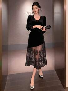 DAZY Autumn New Ladies Elegant Solid Color Lace Patchwork Dress,Ruffle Long Sleeve Dress - Black - View 8