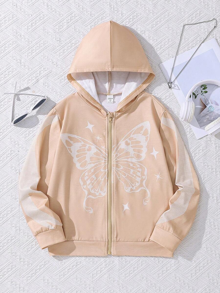 SHEIN Tween Mädchen Kapuzenpullover mit Schmetterlings-Muster für Teenager