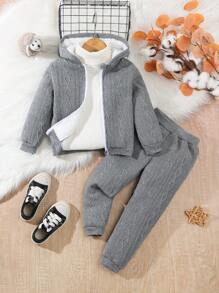 SHEIN Set de 2 piezas de chaqueta de punto de jacquard y pantalones casuales para niña, para primavera/otoño