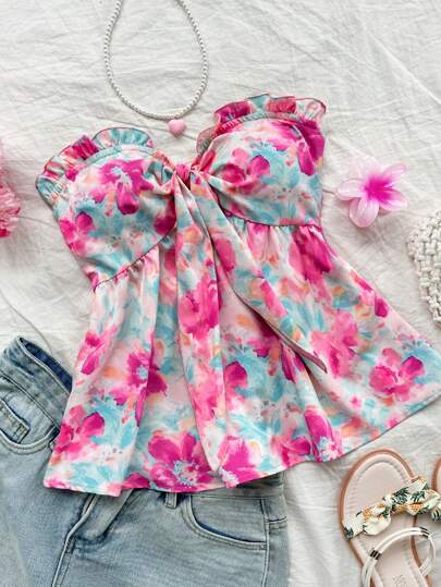 Soleia Parte superior tipo tubo con estampado de pintura al óleo floral romántica para mujer, con volantes, lazo delantero, pliegues y bajo con peplum para vacaciones, parte superior dulce para el Día de San Valentín, ropa de mujer para Navidad, parte superior de fiesta, vacaciones en la playa, Año Nuevo, fiesta de mujer, ropa Kawaii