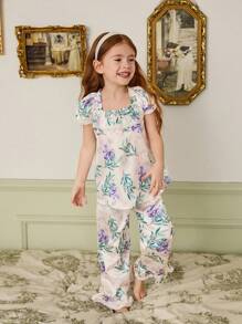 2pcs Girl Toddler Cute Bowknot Satin Purple Floral Print Casual Comfortable Long Pants And Short Sleeve T-Shirt Pajamas Set - Multicolor - View 5