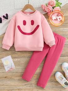 SHEIN 2pcs Young Girl Smiling Face Knitted Loose Fit Crew Neck Pullover And Knitted Pants Set - Pink - View 2