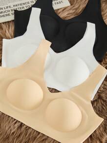 3 件装基本款舒适粘合简约风格无缝吊带背心胸罩，带可拆卸衬垫，无钢圈，无袖设计 - 彩色 - 查看 5