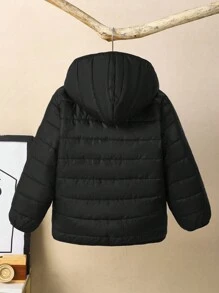 SHEIN 1 件年轻男孩休闲百搭舒适宽松纯色实用拉链连帽棉服外套、绗缝外套、冬季外套，适合返校、生日、婴儿洗礼、节日派对、秋冬季 - 黑色 - 查看 2