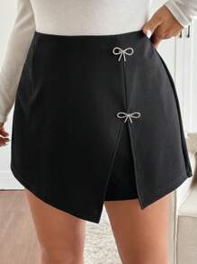 SHEIN Frenchy Plus Size Women Boho Casual Butterfly Decor Split Hem Culotte Shorts, For Summer - Black - View 5