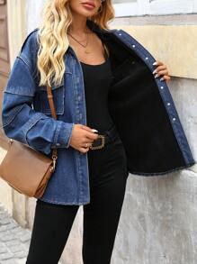 SHEIN LUNE 女式前扣长袖口袋牛仔夹棉夹克 - 深色水洗藍 - 查看 4