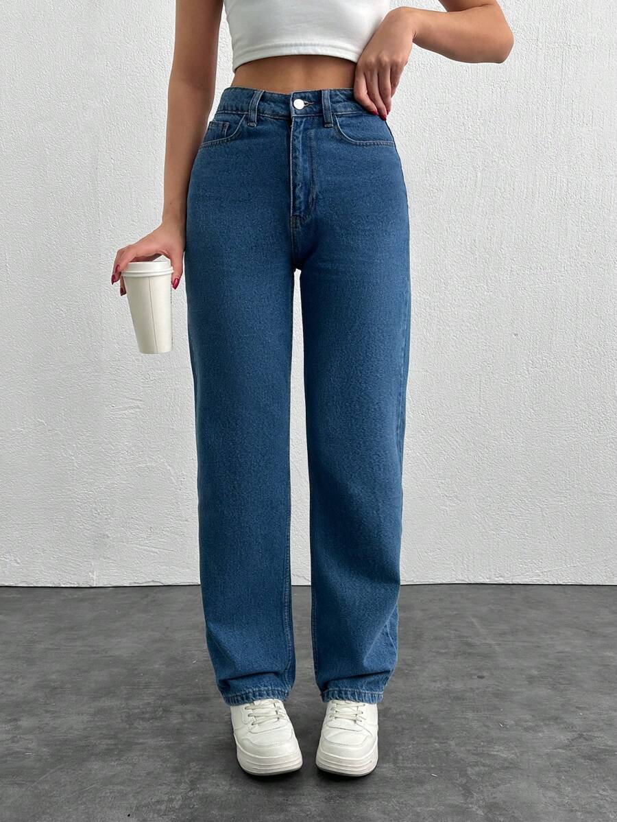 Cottnline 100% 纯棉女式中腰纯色直筒休闲牛仔裤 - 淺色水洗藍 - 查看 1