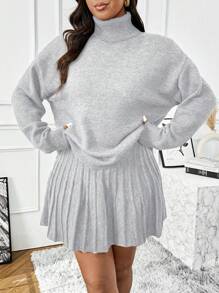 Flirla 大码女式针织高领休闲通勤百搭毛衣和垂直条纹纹理针织迷你裙套装 - 淺灰色 - 查看 5