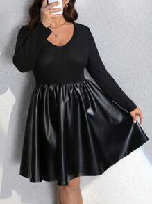 Flirla Plus Size PU Leather Patchwork Ribbed Long Sleeve Dress - Black - View 5