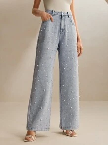 Anewsta Modieuze en elegante commuter parel versierde denim rechte broek, damesoutfit voor nieuwjaar en Kerstmis