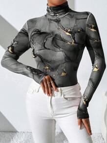 SHEIN Essnce 1 件女士大理石印花高领长袖修身紧身衣 - 黑色 - 查看 6