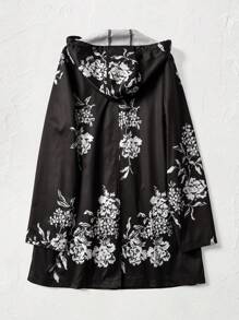 EMERY ROSE 1 件女式花卉印花连帽拉链冬季长袖夹克 - 黑與白 - 查看 2