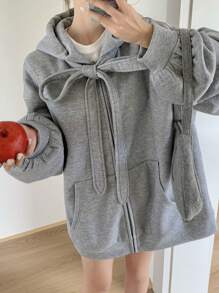 DAZY 女式纯色蝴蝶结连帽羊毛运动衫秋冬拉链夹克