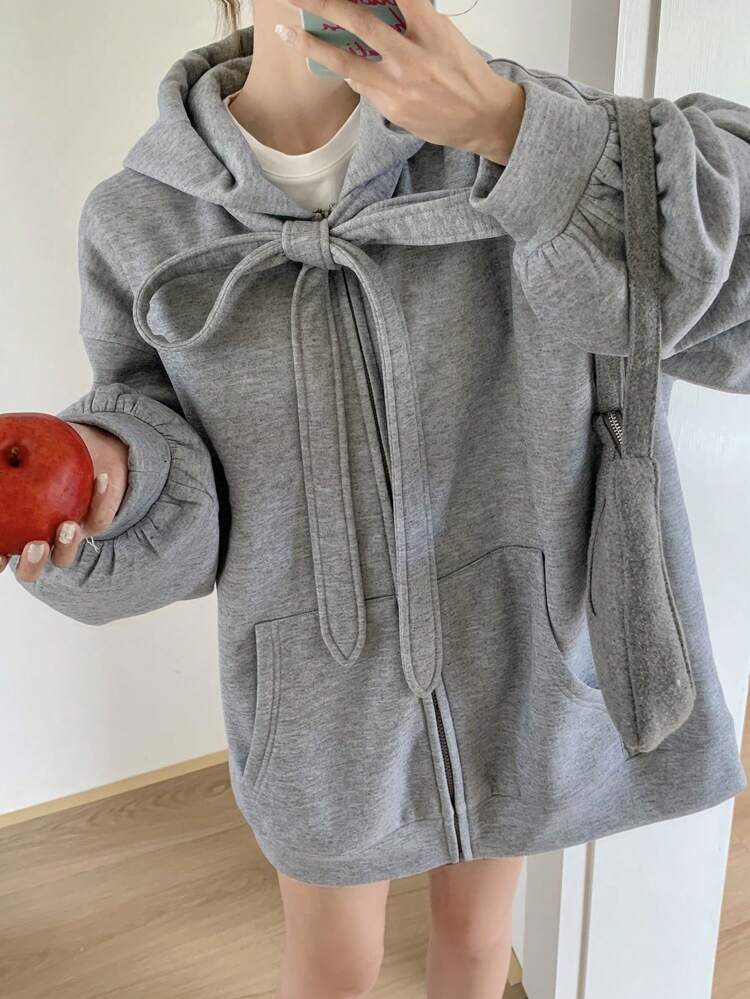 Women's Solid Color Bowknot Hooded Fleece Sweatshirt Fall,Winter Zip Up Jacket