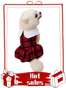 PETSIN 1 件圣诞红黑格子宠物连衣裙，优雅的法式风格衣服 - 彩色 - 查看 2