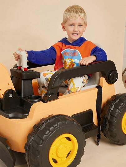 Blippi X SHEIN Young Boy Cartoon Excavator Print Blue & Orange Hooded Sweatshirt, Cute And Lively