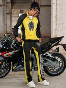 Manfinity Roghcode Manfinity Streetrush 男士字母印花撞色插肩袖卫衣和运动裤套装，休闲秋季装扮 - 黃色 - 查看 6