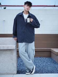 DAZY 男士前扣长袖口袋休闲衬衫，简约设计，秋季服装 - 藏蓝色 - 查看 8