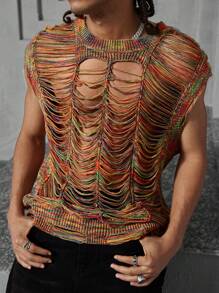 Manfinity EMRG Men's Crew Neck Sleeveless Ripped Knit Vest, Casual Everyday Wear, Men Rave Top, Men Crochet Top, Fishnet Top Men, Mesh Men Top, Knit Top Men