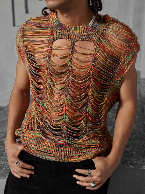 Manfinity EMRG Men's Crew Neck Sleeveless Ripped Knit Vest, Casual Everyday Wear, Men Rave Top, Men Crochet Top, Fishnet Top Men, Mesh Men Top, Knit Top Men