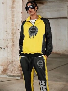 Manfinity Roghcode Manfinity Streetrush 男士字母印花撞色插肩袖卫衣和运动裤套装，休闲秋季装扮 - 黃色 - 查看 5