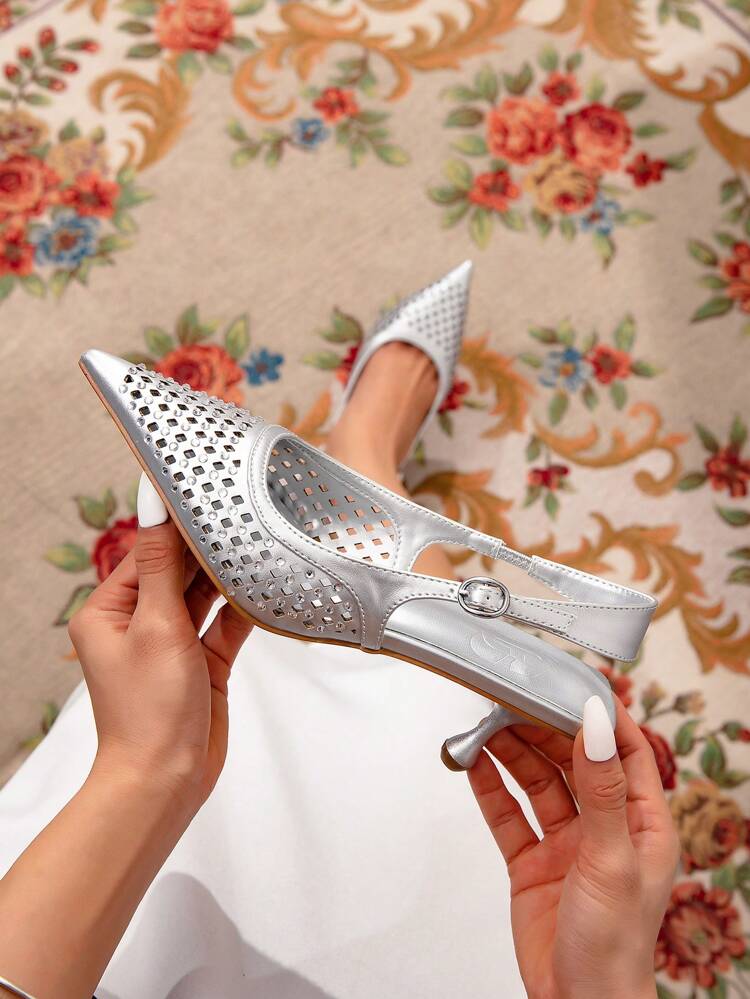 CUCCOO TILAWA 女性用 シルバー 尖った先 合成皮革 中空デザイン ラインストーン スタッズ付き セクシーなハイヒールサンダル、パーティーやナイトクラブに最適なファッション エレガントグラマラススタイル