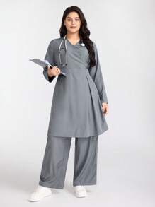 TaskEZ 大码纯色 V 领长袖休闲护理衬衫、手术服上衣