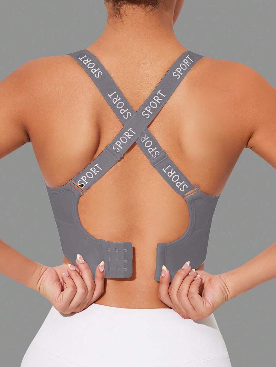 Gameset SHEIN Sport Women's Letter Print Cross Strap Design Sports Bra - Grey - View 1