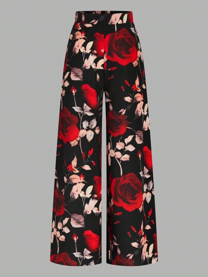 Rometta Plus Size High Waist Floral Print Casual Pants, Minimalist Style For Everyday Wear,Valentine Fall Cloth For Women