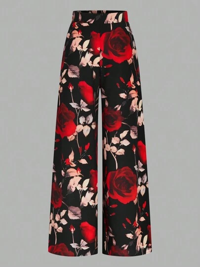 Rometta Plus Size High Waist Floral Print Casual Pants, Minimalist Style For Everyday Wear Valentine Spring Cloth For Women Valentine's Day Simple Cute Clothes Festival Outfits Women's Elegant Palazzo Pants For Ladies