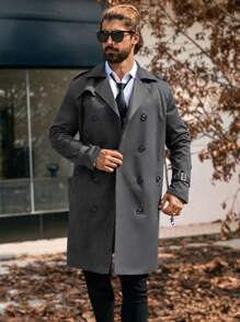 Manfinity CasualCool Men's Solid Color Double-Breasted Pocket Long Sleeve Trench Coat,Fall Men Clothes,Blue Trench Coat,Gifts For Boyfriend