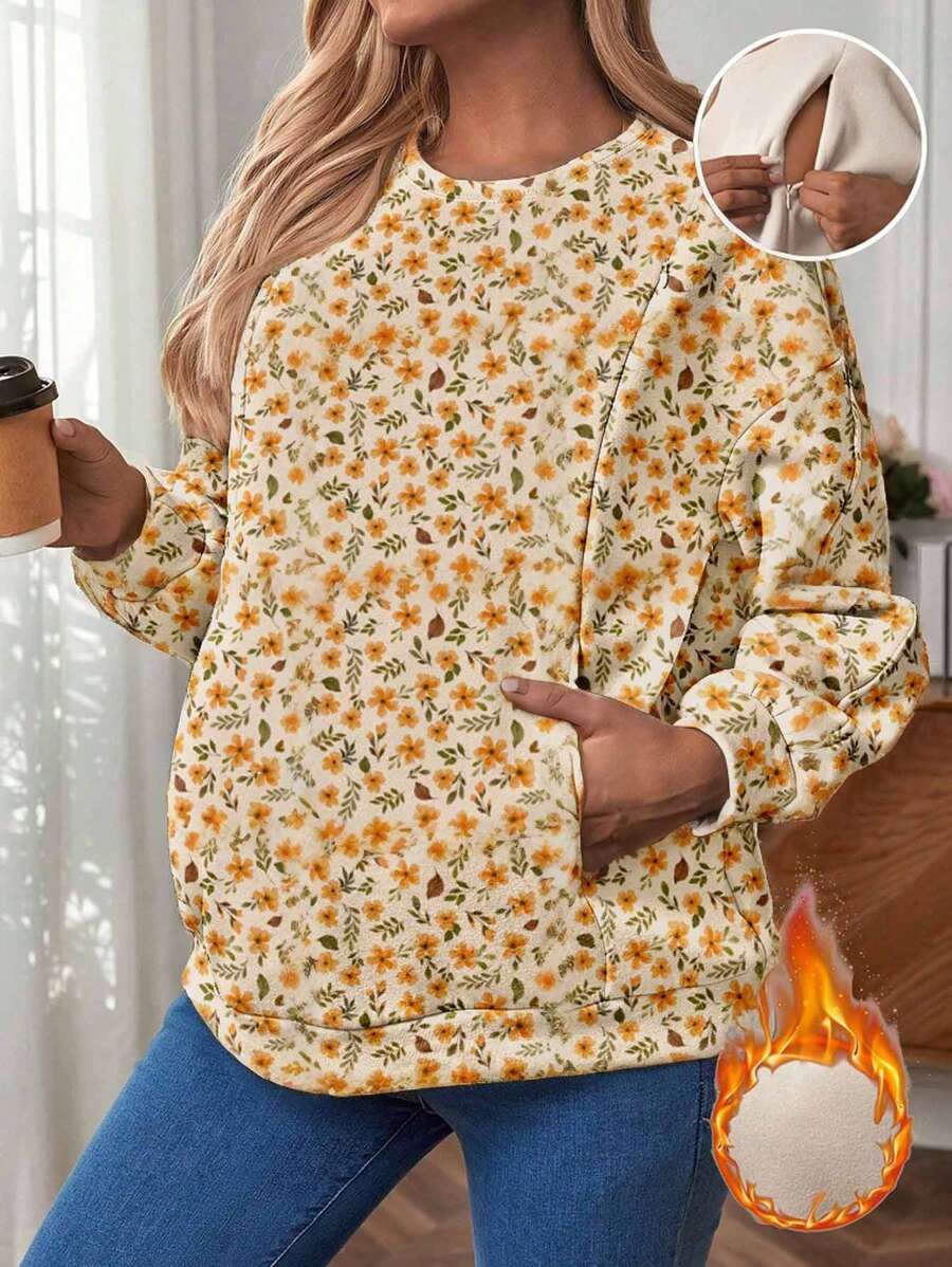 SHEIN Maternity Ditsy Floral Print Breastfeeding Drop Shoulder Sweatshirt - Multicolor - View 1
