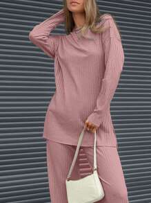 EURMUSE 2pcs Women Fall Solid Color Drop Shoulder Long Sleeve T-Shirt And Pants Casual Set - Dusty Pink - View 4