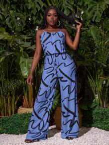 Slaydiva Casual Suspender Belt Wide-Leg Pants With All-Over Letter Print Women's Jumpsuit-C