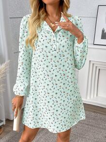 SHEIN LUNE Ditsy Floral Casual Dress, Minimalist & Fashionable For Daily Wear - Blue - View 3