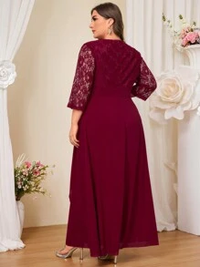 SHEIN Belle 大码优雅编织对比蕾丝 A 字形连衣裙，婚礼宾客礼服