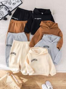 SHEIN Leap Crew Set de 8 piezas de sudadera con capucha con estampado de letras y pantalones de cintura elástica básicos y casuales para niño y niña bebé, multicolor, adecuado para otoño e invierno - Caqui - Ver 7