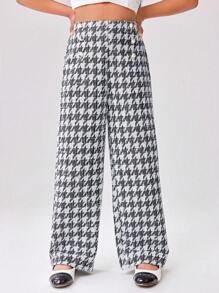 Tween Girl Front Button Houndstooth Pattern Casual Pants, Everyday Wear - Black and White - View 7