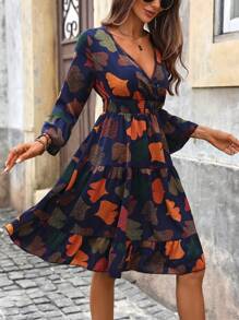 SHEIN Clasi Women V-Neck Long Sleeve Floral Print Casual Mini Dress