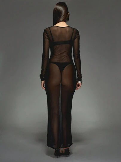 knee length dresses for ladies Playboy Ribbed Lace Trim Pajama Dress – Urban Planet main image 0