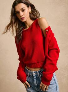 Poéselle 新款春秋多巴胺开衫，高品质柔软触感金扣休闲宽松针织毛衣女 - 紅色 - 查看 1