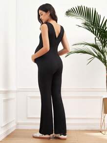 MaterniWear Solid Color Knitted V-Neck Jumpsuit Jumpsuit, Slim Fit Maternity