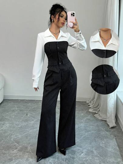 Selianne طقم قطعتين كاجوال للسيدات بياقة وتصميم بلون مخطط، مناسب للربيع والخريف