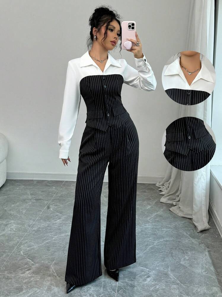 Selianne Tenue décontractée de 2 pièces pour femmes, col, patchwork et rayures, convient pour le printemps et l'automne