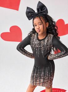 Vestido negro de manga larga con cuello redondo, degradado y brillo, con estampado gráfico para niñas preadolescentes. Bellamente diseñado, adecuado para todas las estaciones, eventos formales, salidas y para ir a juego