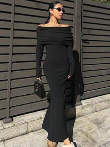 INAWLY Vestido largo elegante de mujer de un solo color con hombros descubiertos y mangas largas - Negro - Ver 5