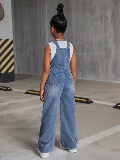 SHEIN Tween 女童 Y2K 休闲石洗磨边星星图案牛仔工装裤（不含背心），Tween 女童返校服装
