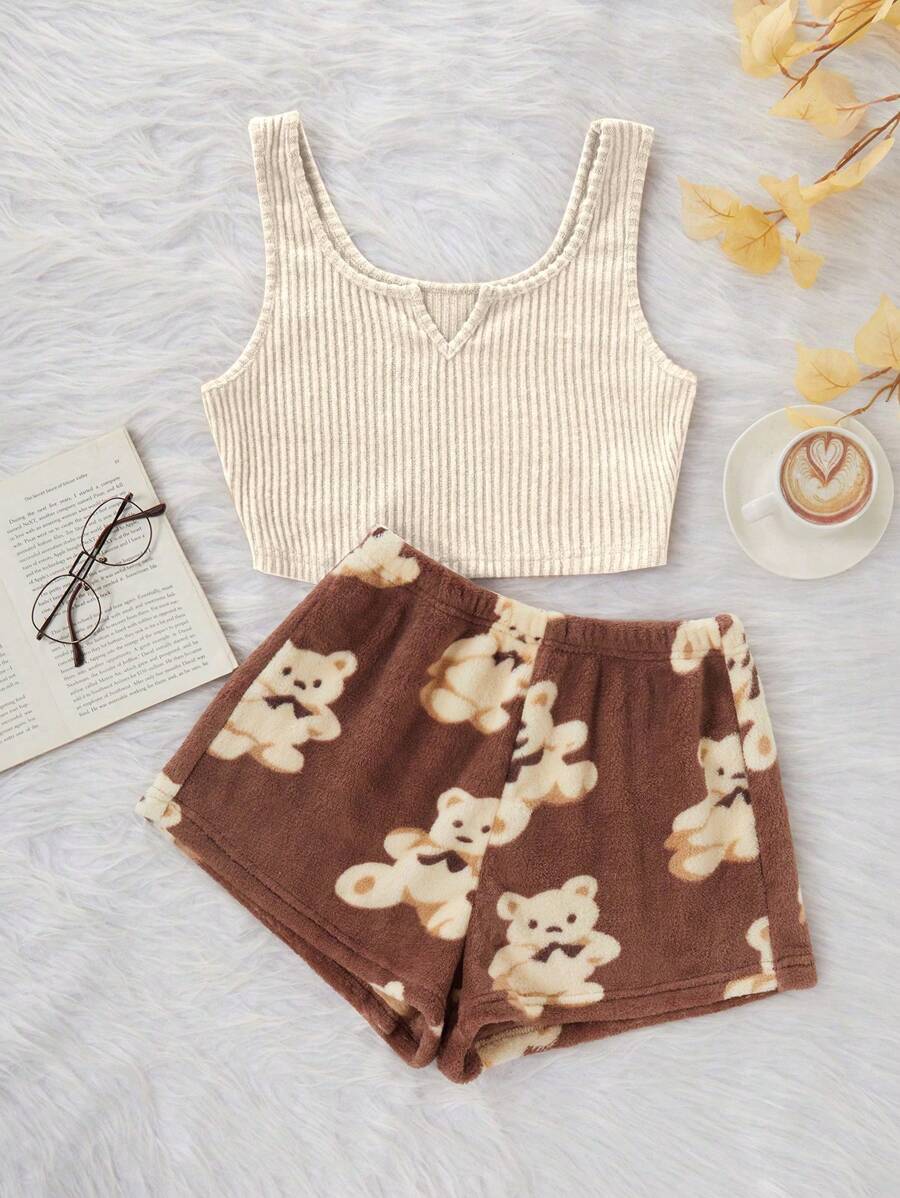 两件套罗纹背心和熊印花磨毛短裤，蓬松睡衣套装，秋冬服装，舒适保暖 - 杏色 - 查看 1