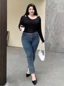 Dazy Plus Ribbed Elastic Fitted Belt Solid Color Long Sleeve Black T-Shirt, Spring/Summer/Autumn