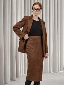 SHEIN Privé Women's Faux Suede Fur Collar Long Sleeve Jacket And Long Skirt Elegant 2 Pieces Set Fall Cloth For Women - Brown - View 5